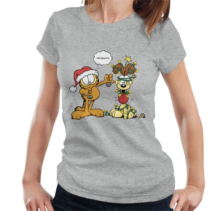 Garfield Christmas Odie Decorated Women's T-Shirt Notch Collar Peter Pan Collar Cowl Neck Garfield Christmas Odie Decorated Women's T-Shirt Notch Collar Peter Pan Collar Cowl Neck