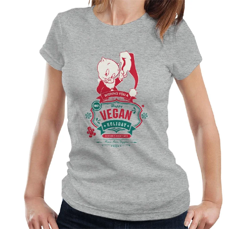 Looney Tunes Christmas Porky Pig Happy Vegan Holiday Women's T-Shirt Hooded Caped Shawl Collar Looney Tunes Christmas Porky Pig Happy Vegan Holiday Women's T-Shirt Hooded Caped Shawl Collar