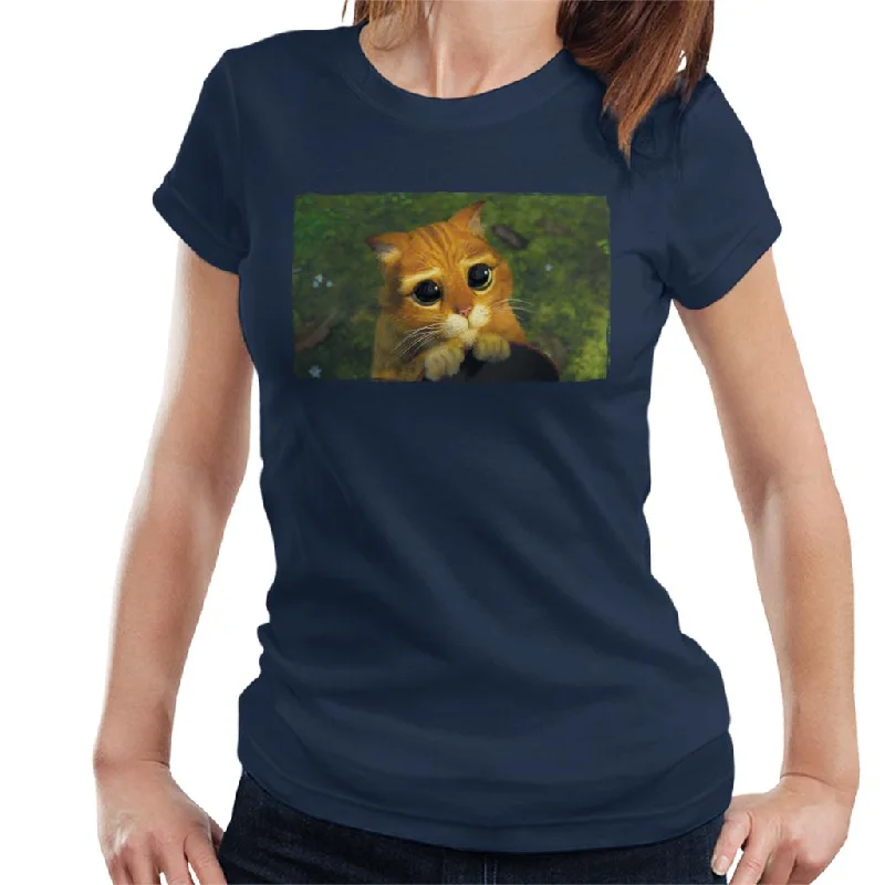 Shrek Puss In Boots Cute Eyes Women's T-Shirt Graphic Embroidered Appliqued