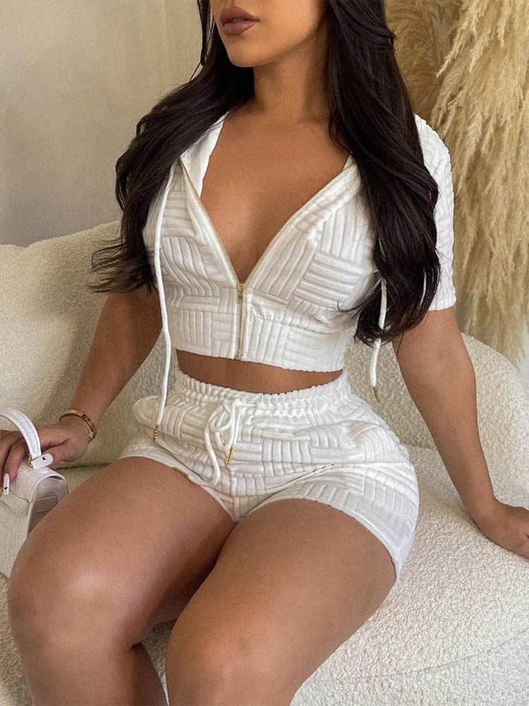 Wjczt Hooded T-shirts 2 Piece Sets Women Summer New Short Sleeve Cotton Tops And High Waist Shorts Suit Zippers Fashion Casual Outfits Ribbed Striped Patterned