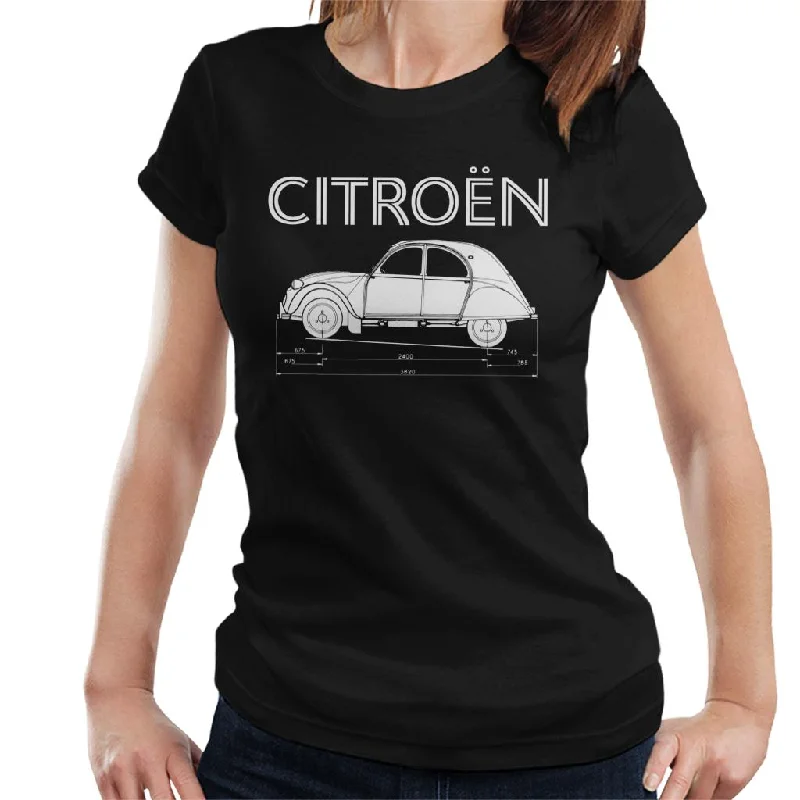 Citroën 2CV Dimensions White Diagram Women's T-Shirt Welt Pockets Slit Pockets