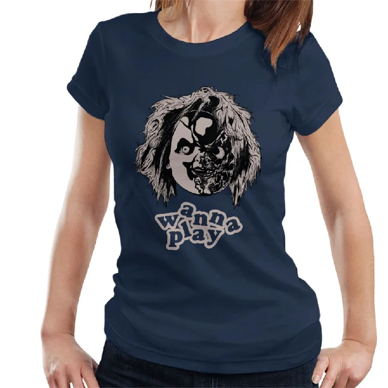 Chucky Half Face Wanna Play Women's T-Shirt Front Pockets Side Pockets Patch Pockets