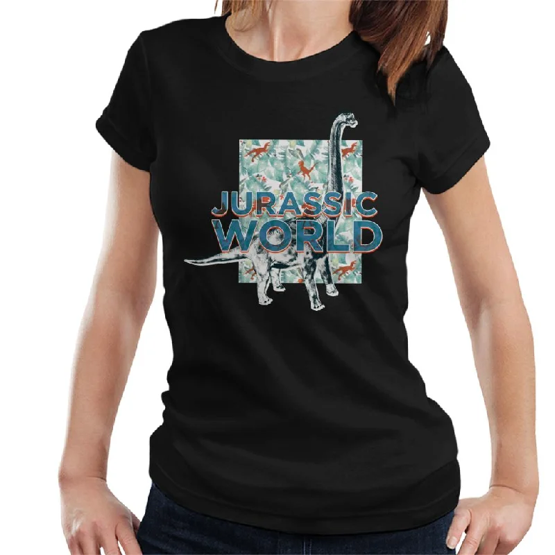 Jurassic Park Brachiosaurus Velociraptor Leaves Silhouette Women's T-Shirt Anti-Pilling Machine Wash Handmade Jurassic Park Brachiosaurus Velociraptor Leaves Silhouette Women's T-Shirt Anti-Pilling Machine Wash Handmade