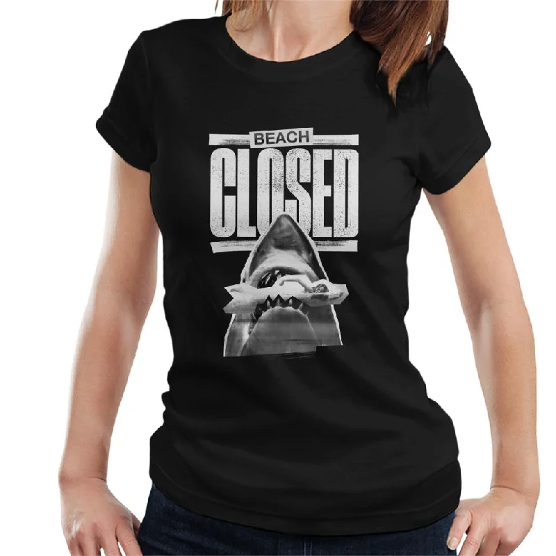 Jaws 1975 Beach Closed Women's T-Shirt Notch Collar Peter Pan Collar Cowl Neck