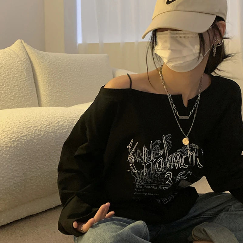 Wjczt Y2K T-shirt Fairy Grunge 2024 Vintage Letter Print Tops Black Autumn Off Shoulder Long Sleeved Korean Tees Loose Harajuku Shirt Fitted T-Shirt Seamless Stretchy Wjczt Y2K T-shirt Fairy Grunge 2024 Vintage Letter Print Tops Black Autumn Off Shoulder Long Sleeved Korean Tees Loose Harajuku Shirt Fitted T-Shirt Seamless Stretchy
