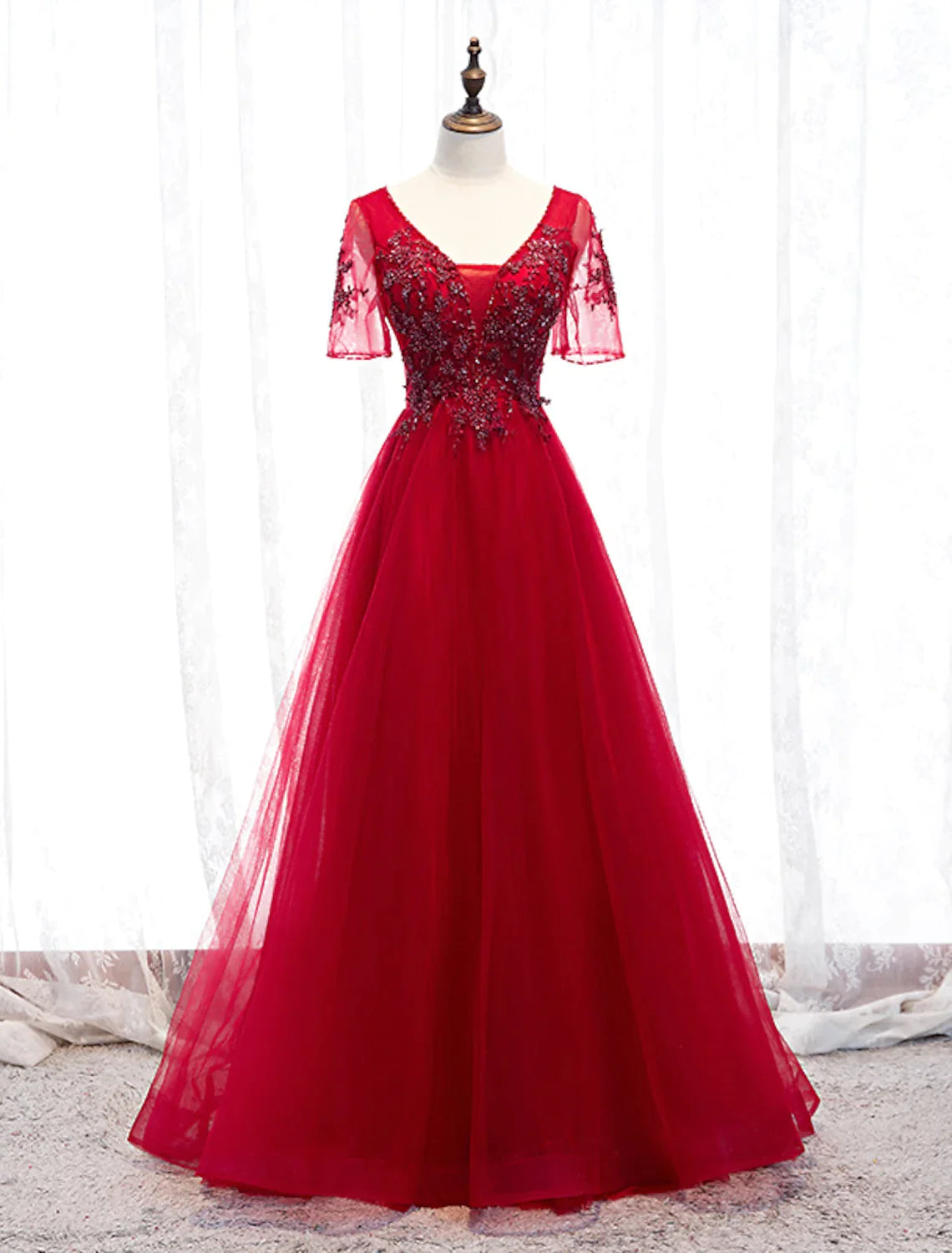 A-Line Prom Dresses Luxurious Dress Wedding Guest Floor Length Short Sleeve Strap Tulle Beading A-Line Prom Dresses Luxurious Dress Wedding Guest Floor Length Short Sleeve Strap Tulle Beading