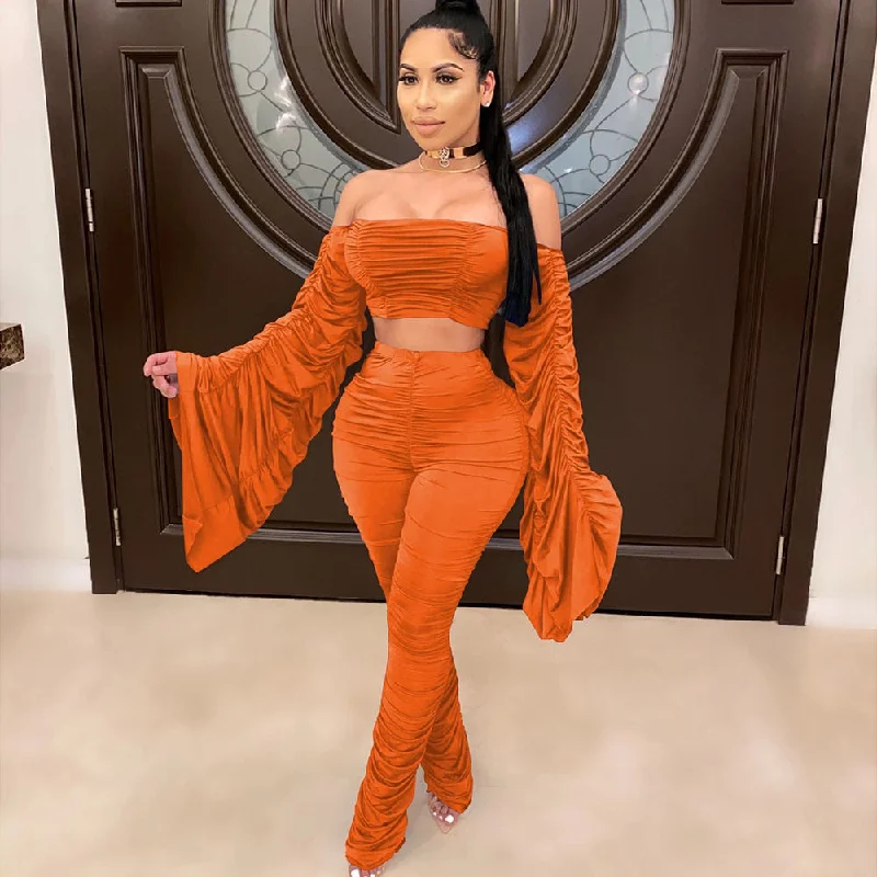 Flare Ruched Sleeve Crop Top and Stacked Leggings Silk Blend Satin Velvet