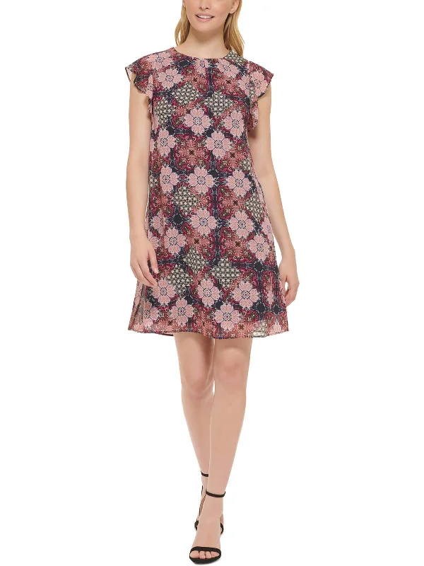 Petites Womens Floral Ruffle Sleeve Cocktail And Party Dress Tunics Office stylish