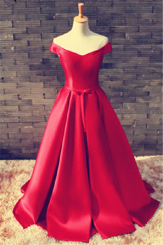 Elegant Red Off Shoulder Lace-Up Evening Gowns V-Neck Sweep Train Plus Size Prom Dress TB0198 Elegant Red Off Shoulder Lace-Up Evening Gowns V-Neck Sweep Train Plus Size Prom Dress TB0198