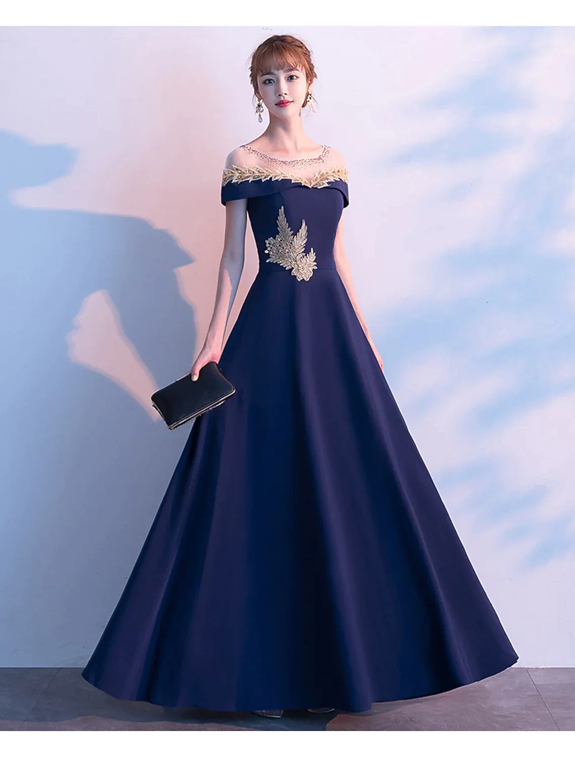A-Line Prom Dresses Elegant Dress Wedding Guest Floor Length Short Sleeve Satin with A-Line Prom Dresses Elegant Dress Wedding Guest Floor Length Short Sleeve Satin with