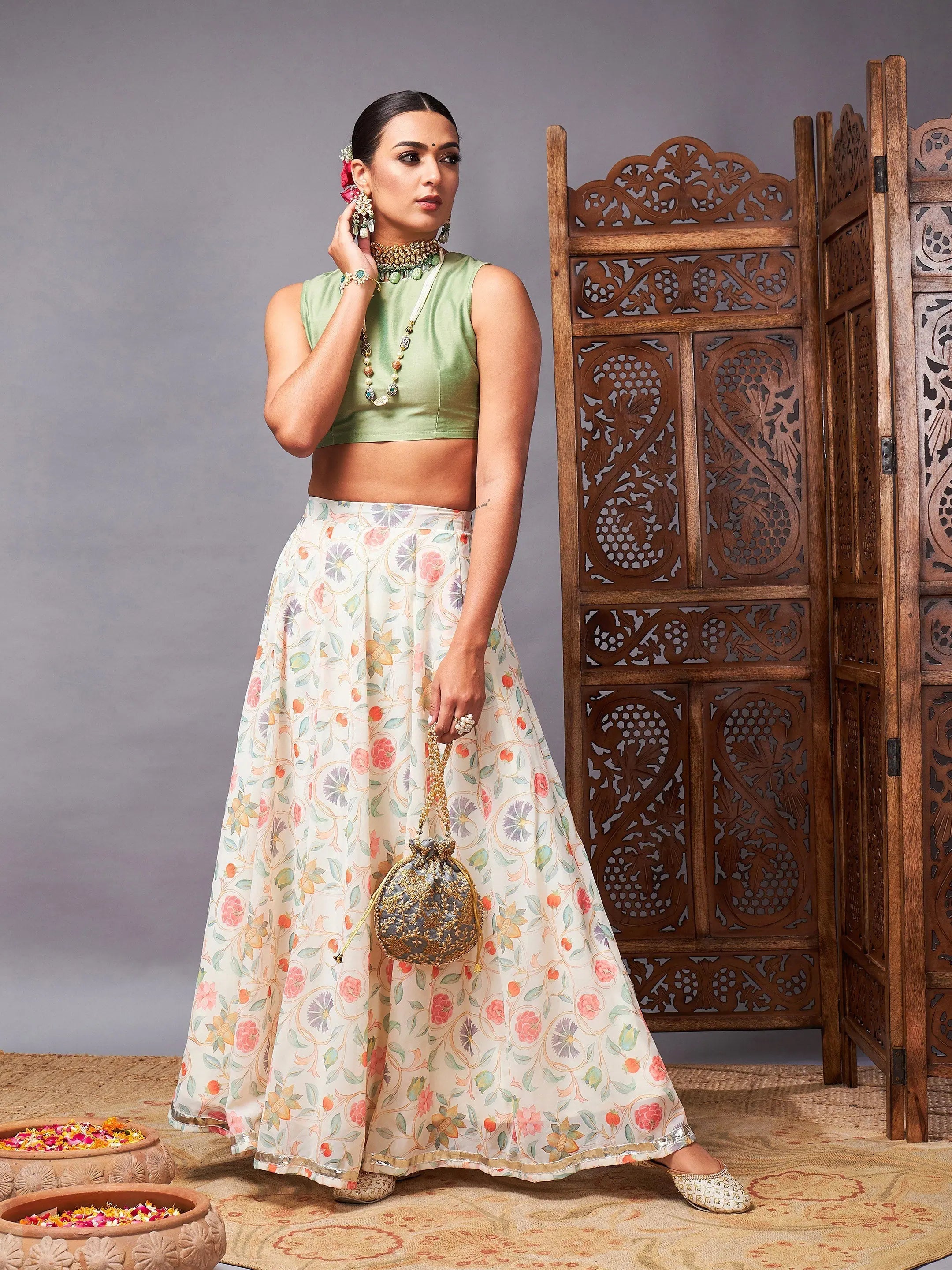 Women Green Crop Top With Beige Floral Anarkali Skirt Casual Formal Business