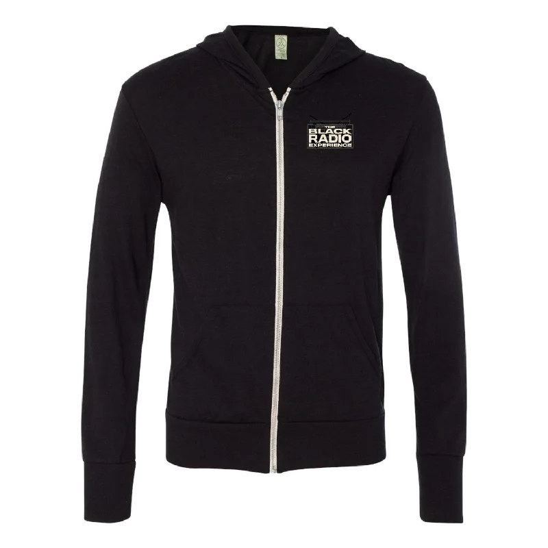 Black Radio Experience "The Vinnie" Unisex Eco-Jersey Zip Hoodie Hoodie with Snap Buttons Easy Quick Black Radio Experience "The Vinnie" Unisex Eco-Jersey Zip Hoodie Hoodie with Snap Buttons Easy Quick