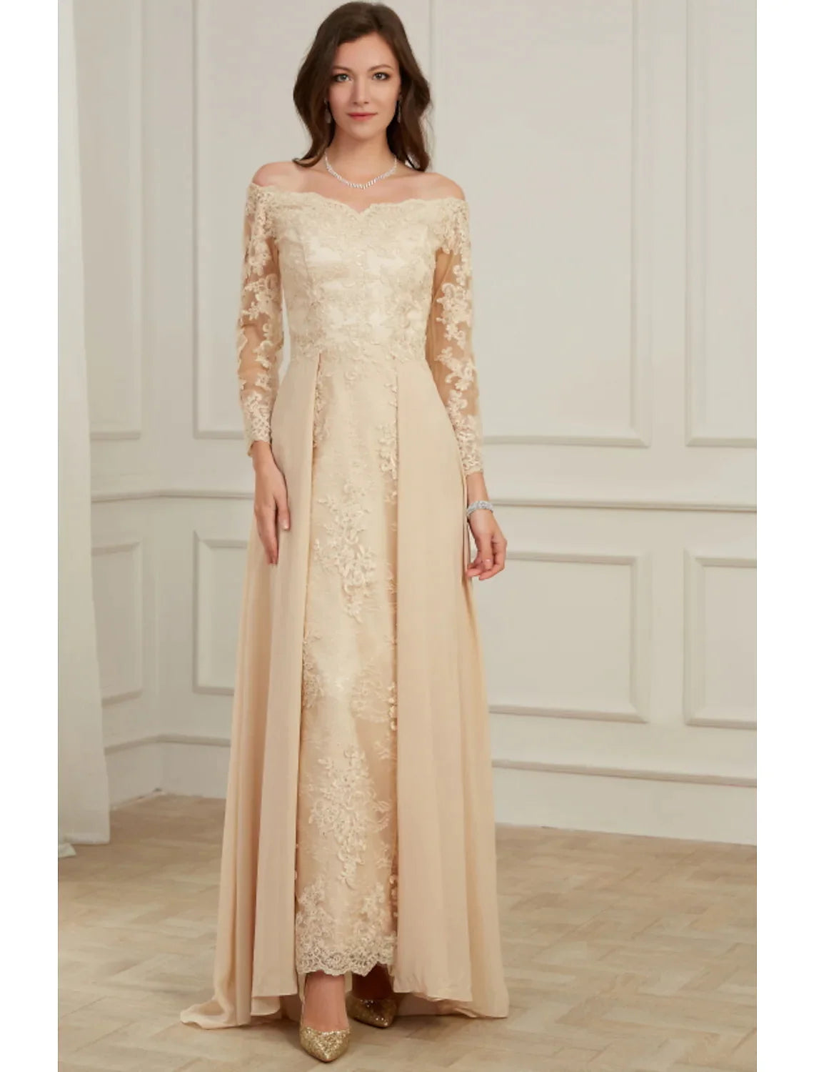 A-Line Evening Gown Elegant Dress Wedding Guest Floor Length Long Sleeve Off Shoulder Appliques A-Line Evening Gown Elegant Dress Wedding Guest Floor Length Long Sleeve Off Shoulder Appliques