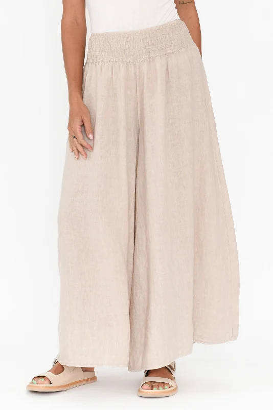 Rumi Beige Wide Leg Linen Pants Chic Faux Leather Pants