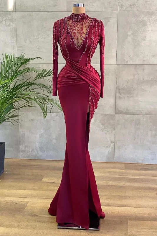 Elegant Long Sleeve Burgundy Prom Dress Mermaid Beadings Evening Gowns