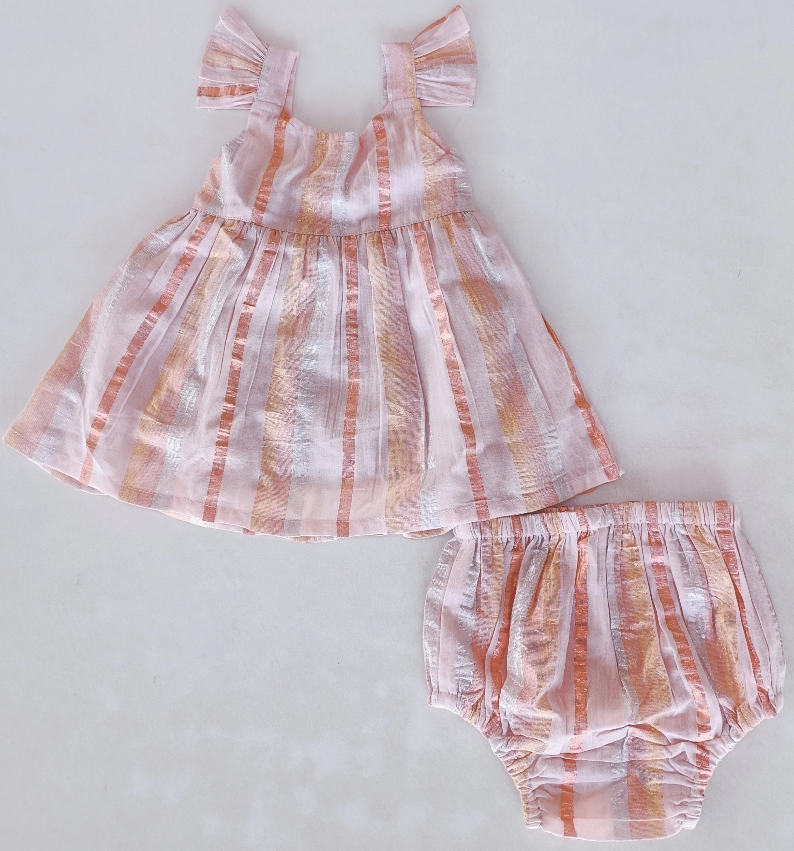 Striped Lurex Frill Dress Bloomer Set | Pink