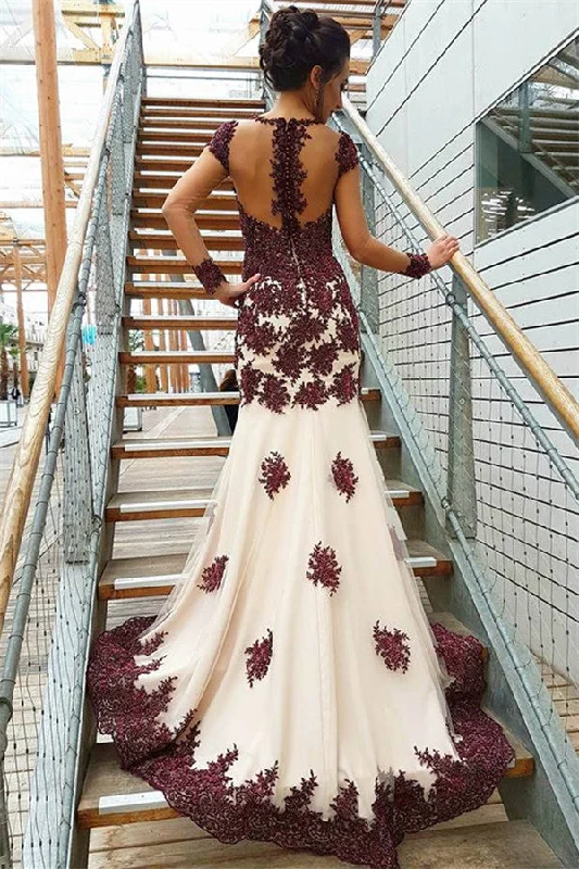 Sheer Long Sleeves Mermaid Tulle Long Evening Gowns Popular Beaded Appliques Prom Dress Sheer Long Sleeves Mermaid Tulle Long Evening Gowns Popular Beaded Appliques Prom Dress