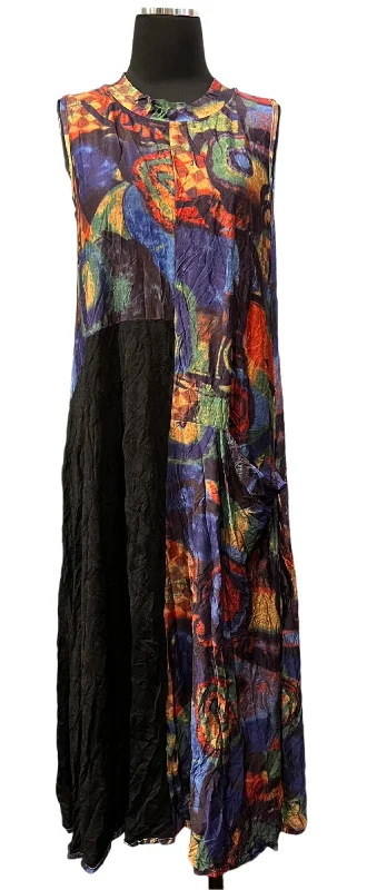 Shana 24679BM European Crush Crinkle Black Multicolor Mixed Media Sleeveless Panel Dress With Pocket Tunics Fleece cozy