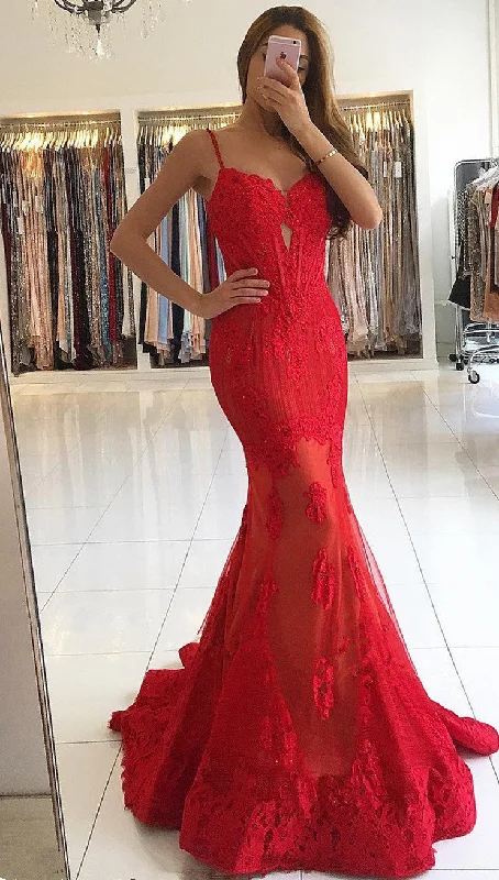 Spaghetti Straps Mermaid Red Prom Dresses  Lace Appliques Sexy Evening Gowns BA6685