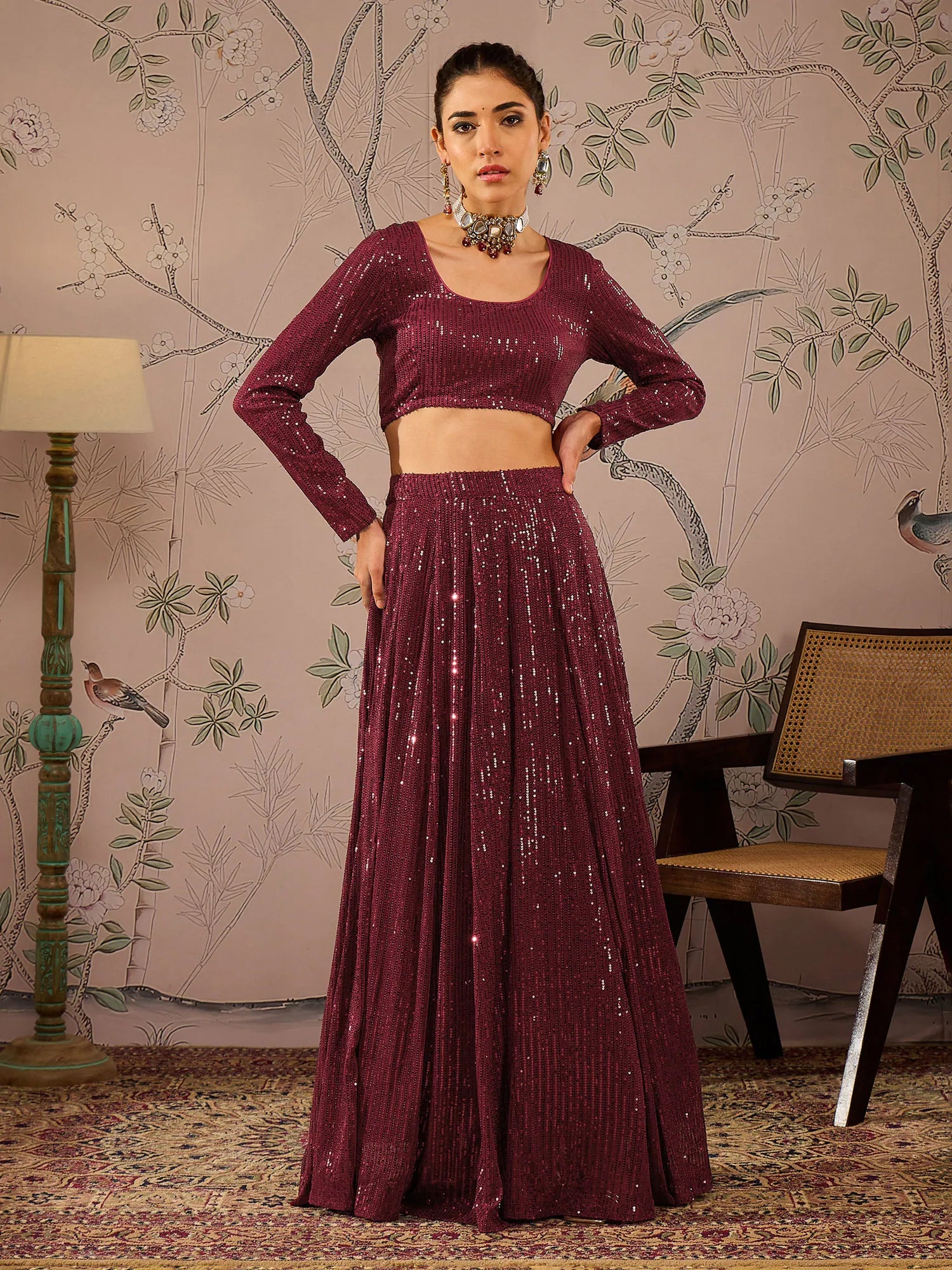 Women Maroon Sequins Crop Top With Anarkali Skirt-SHSET96085 Satin Fabric Silk Fabric Chiffon Fabric Women Maroon Sequins Crop Top With Anarkali Skirt-SHSET96085 Satin Fabric Silk Fabric Chiffon Fabric