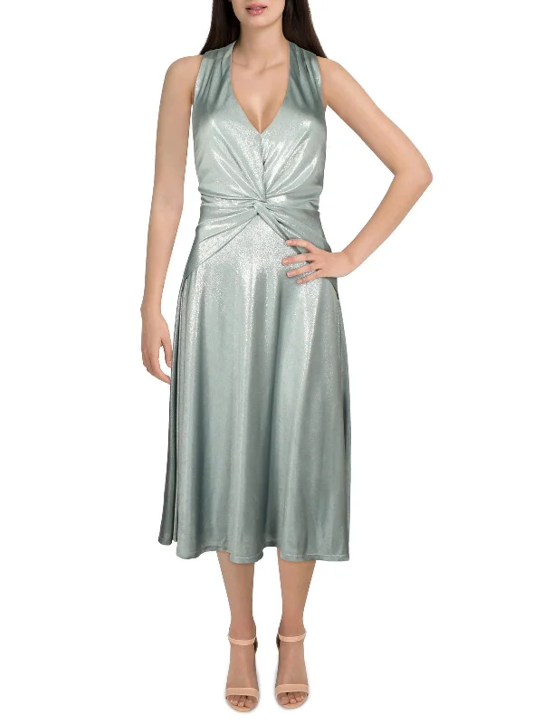 Womens Foil-Print Mid-Calf Cocktail And Party Dress Off-the-shoulder Bohemian Festive