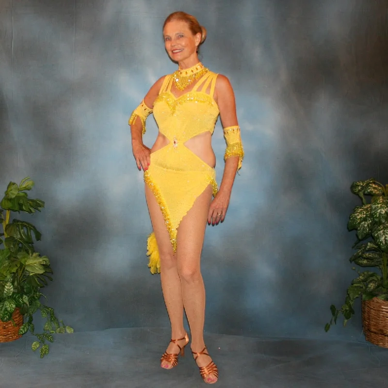 Yellow Latin-Rhythm Dress with Yellow Hand Beading, Swarovski Rhinestones & Feathers-Amanda Tunics Floral girly Yellow Latin-Rhythm Dress with Yellow Hand Beading, Swarovski Rhinestones & Feathers-Amanda Tunics Floral girly