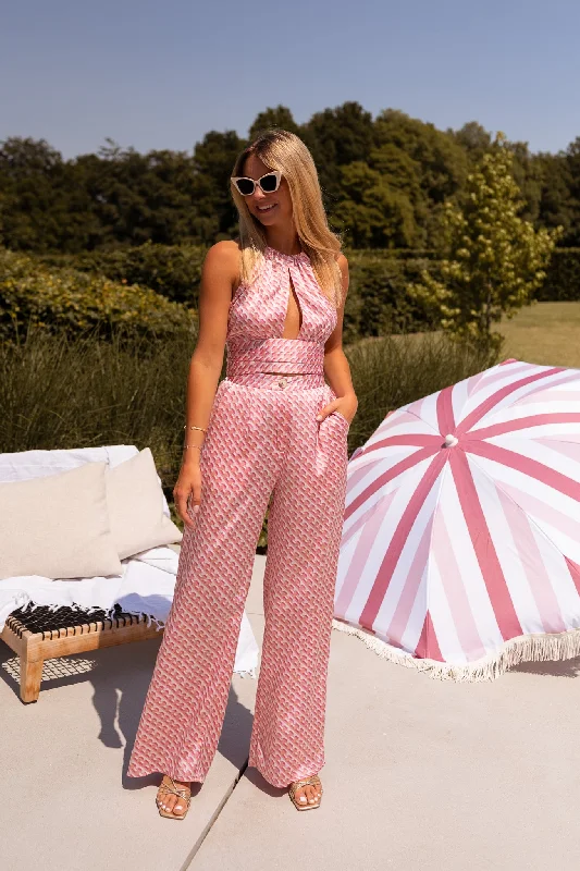 Pink Patterned Meria Pants Lightweight Linen Pants