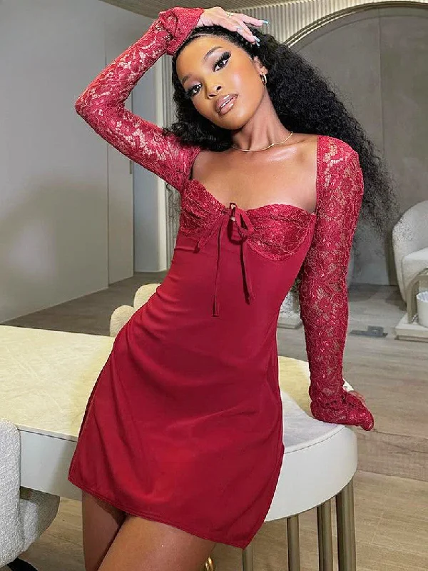 Red Long Sleeve Bodycon Party Dress - Christmas Party Evening Streetwear Club Tunics Evening elegant