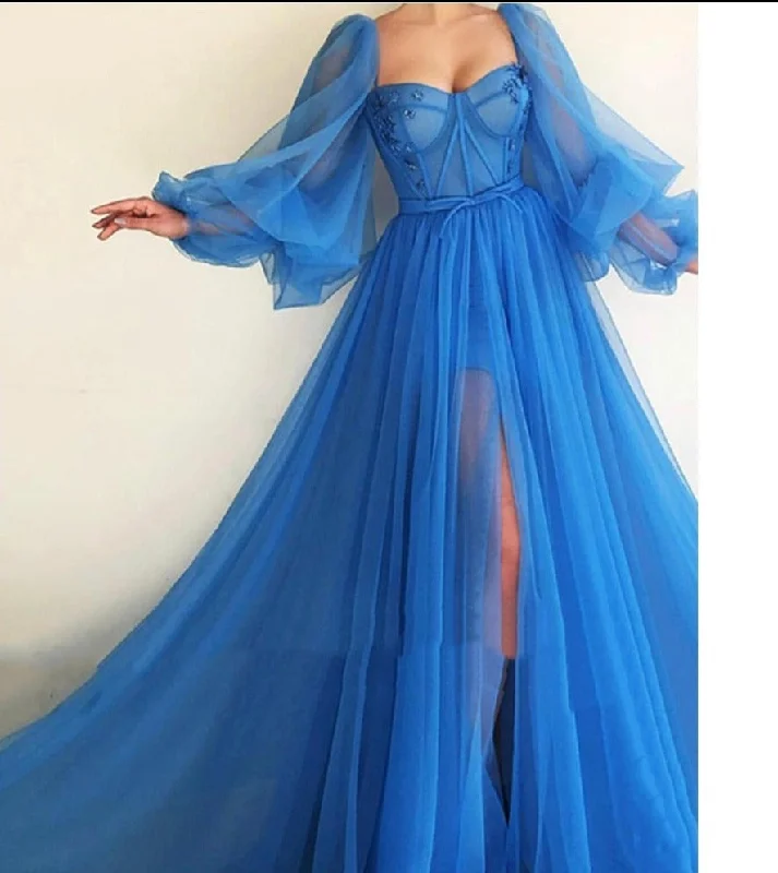 Cinessd  Fashion Luxury A-Line Prom Dresses Blue 2022 Long Tulle Puff Sleeve Women's Evening Gownssweetheart Bow Party Dress Side Slit Tunics Hiking breathable