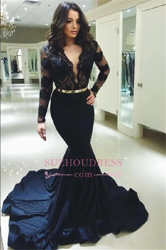 Dark Navy Lace V-Neck Prom Dresses | Sexy Long-Sleeves Mermaid Evening Dress