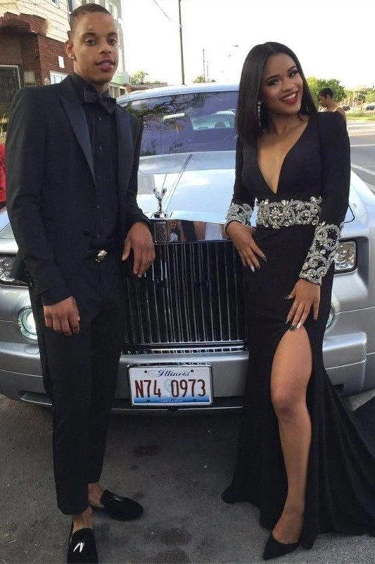 Long Sleeve Crystal Black Evening Gown Sexy V-Neck Split  Prom Dress