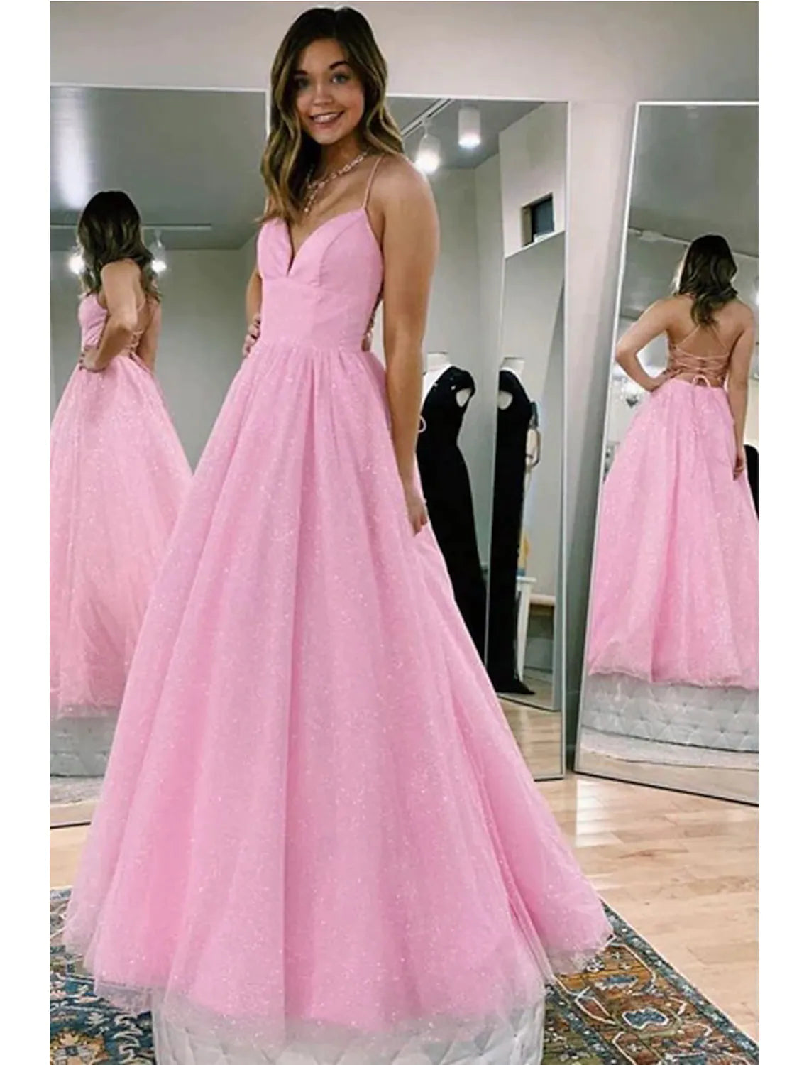 Ball Gown A-Line Prom Dresses Glittering Dress Formal Floor Length Sleeveless V Neck Tulle Backless with Pleats Ball Gown A-Line Prom Dresses Glittering Dress Formal Floor Length Sleeveless V Neck Tulle Backless with Pleats