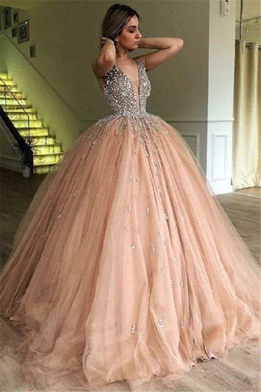 Glamorous V-Neck Ball Gown Floor-Length Tulle Prom Dresses | Sleeveless Beading  Fashion Evening Gown
