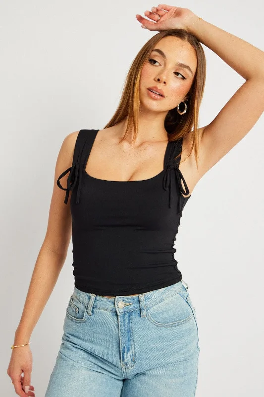 Black Crop Top Square Neck With Ribbons Anti-Shrink Durable Soft