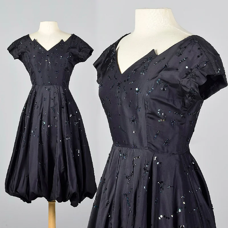 1950s Navy Party Dress with Bubble Skirt Crew Neckline Sporty