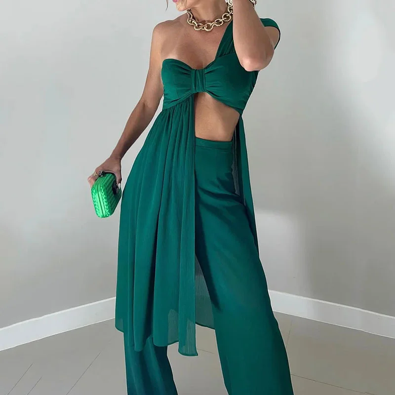 Women Fashion Sexy Solid Color Lace-Up Irregular Top Pants Set Comfortable Denim Pants