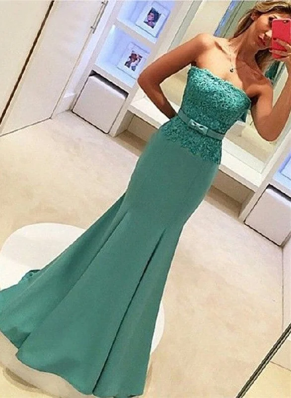 Delicate Lace Strapless Evening Dress  with Bow Sleeveless Mermaid Prom Dress