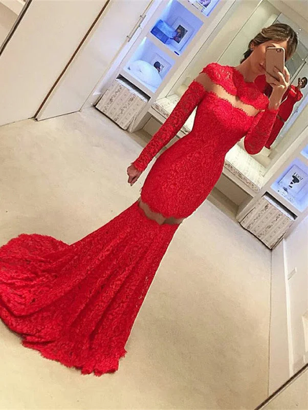 Mermaid Lace Long-Sleeve Sexy Red Sweep-Train Prom Dress BA4628