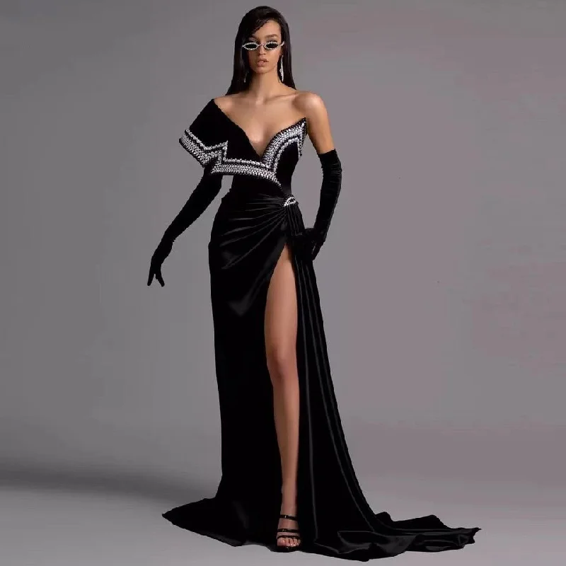 Prom Dresses Two Piece Red Mermaid Prom Dresses 2022 V-Neck Appliques sexy Satin Dubai Split Party Dress Arabic Evening Gown abendkleider Tunics Long Elegant
