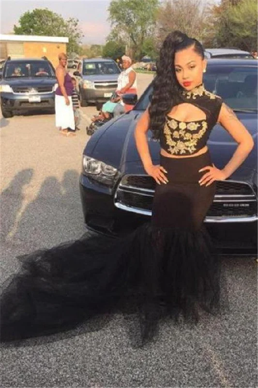 Sleeveless Black  Sexy Mermaid Two-Pieces High-Neck Prom Dress