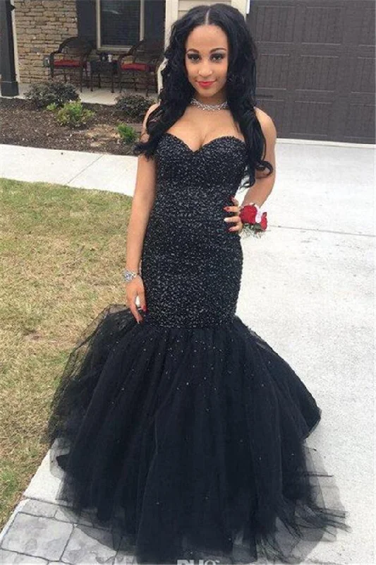 Sweetheart Mermaid Black Tulle Prom Dress  Sleeveless Sexy Evening Gown BA5052