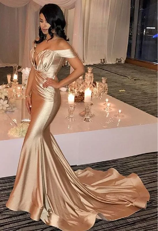 Off The Shoulder Champagne Gold Sexy Prom Dresses Mermaid Lates Popular Evening Gown FB0183 Off The Shoulder Champagne Gold Sexy Prom Dresses Mermaid Lates Popular Evening Gown FB0183