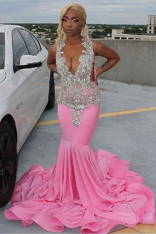 Elegant Pink Mermaid Court Train Prom Party Dresses wth Silver Beads Tunics Office stylish Elegant Pink Mermaid Court Train Prom Party Dresses wth Silver Beads Tunics Office stylish
