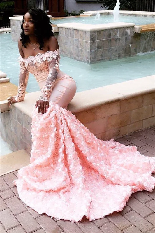 Sexy Off The Shoulder Pink Prom Dresses  | Long Sleeve Lace Mermaid Flowers Evening Gowns BC1251