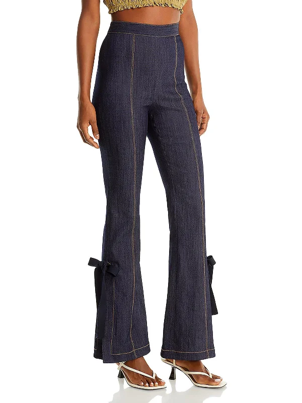 Womens Split Hem Denim Flared Pants Relaxed Casual Leggings