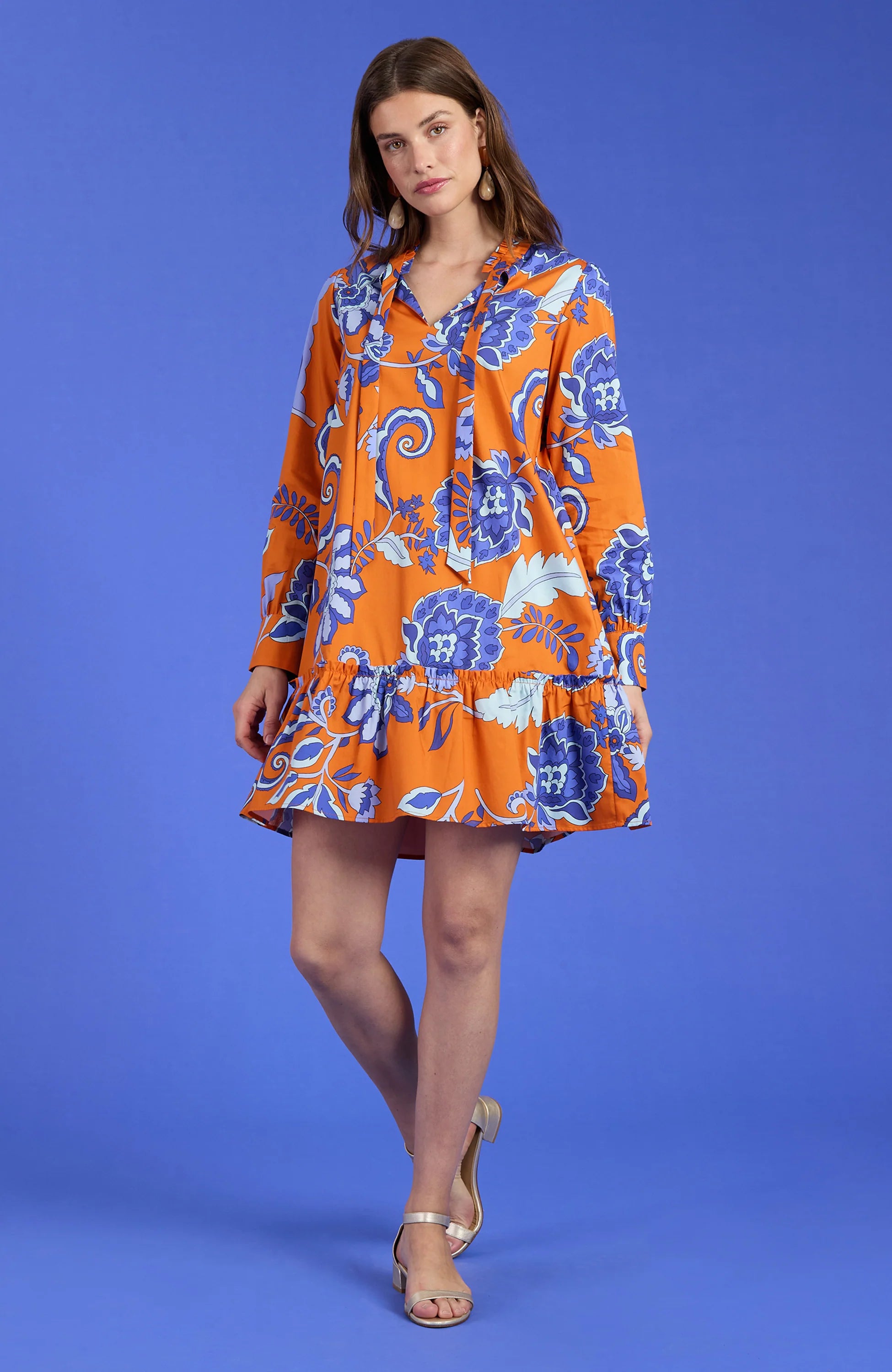 Lelah Cotton Front Tie Flounce Dress Floral Orange Tunics Print Colorful