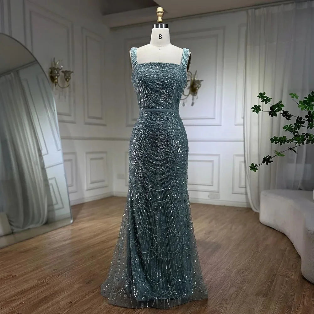 Serene Hill Turquoise Mermaid Beaded Pearls Spaghetti Straps and Floor Length Evening Gown Party Dress for Women 2024 LA72032C Tunics Designer luxury