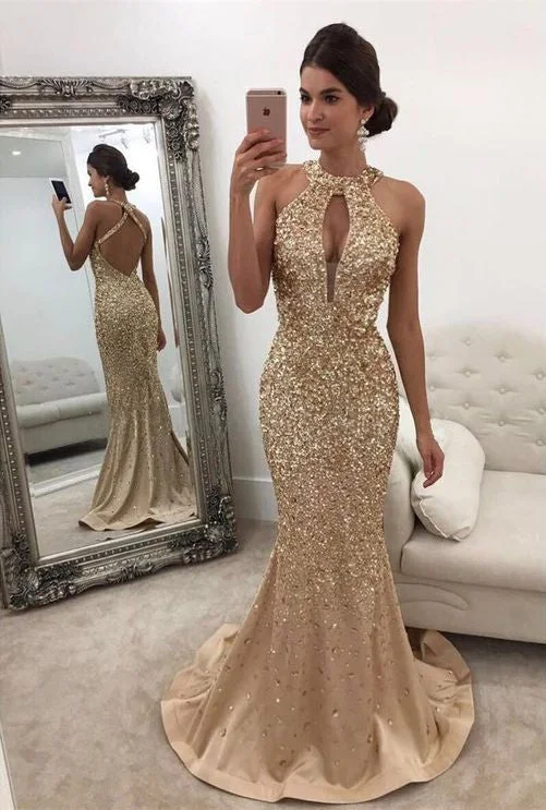 Gorgeous Backless Formal Dress  Mermaid Halter Sleeveless Crystals Prom Dress BA5572