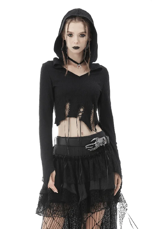 Gothic Black Hooded Crop Top with Lace Detailing Front Pockets Side Pockets Patch Pockets Gothic Black Hooded Crop Top with Lace Detailing Front Pockets Side Pockets Patch Pockets
