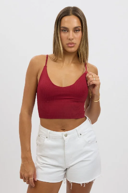 Red V Neck Cami Crop Top Seamless Polka Dot Checkered Tartan